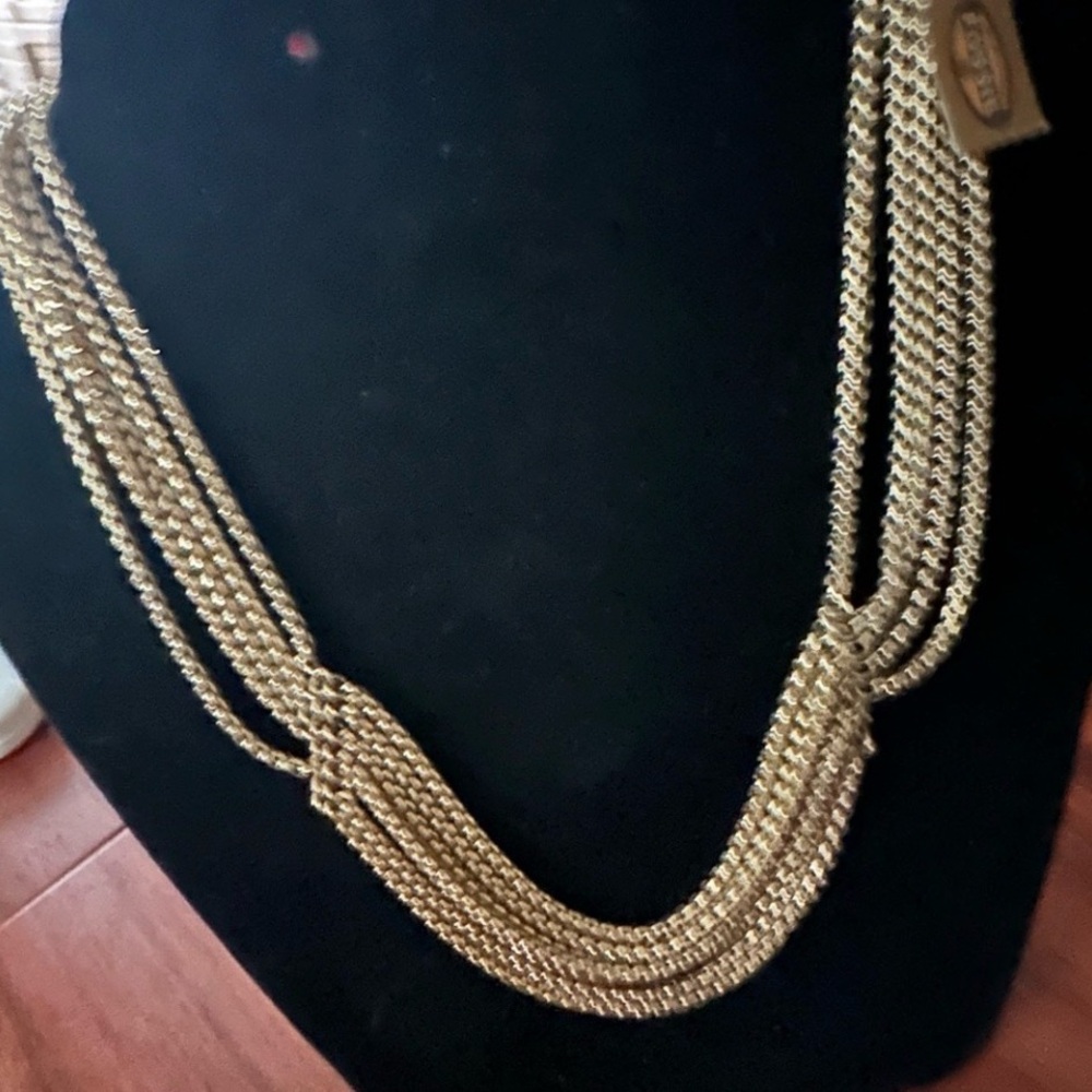 New Fossil Gold MultiStrand Venetian drape keyhole leather slide adjust Necklace